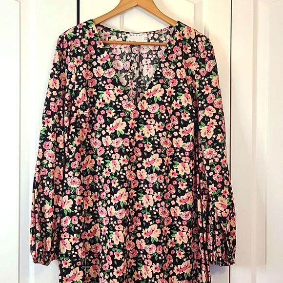 ASOS LONG BUBBLE SLEEVE MIDI DRESS IN BLACK FLORAL PRINT-MULTI Size 12 - Picture 2 of 12